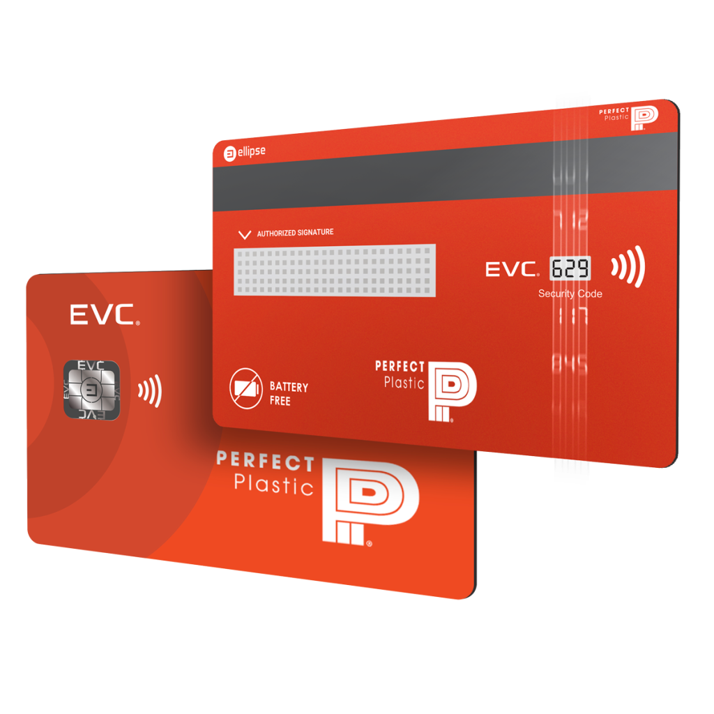 Two red EVC payment cards showing a dynamic security code display and contactless symbol.