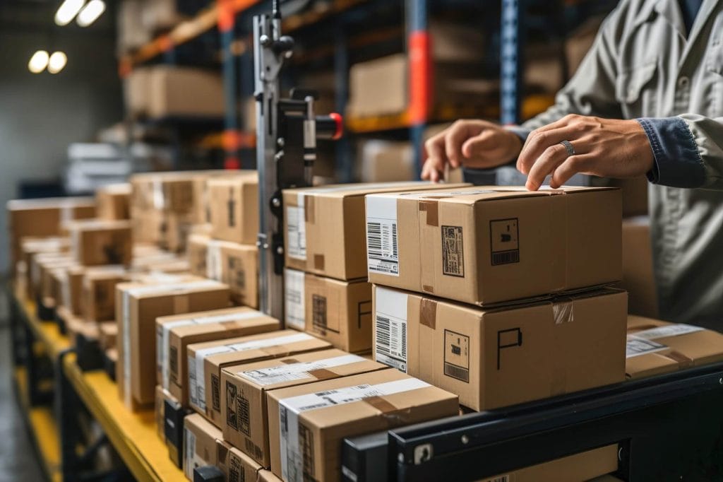 image of a credit card personalization and fulfillment warehouse with stacked boxes labeled for shipment.