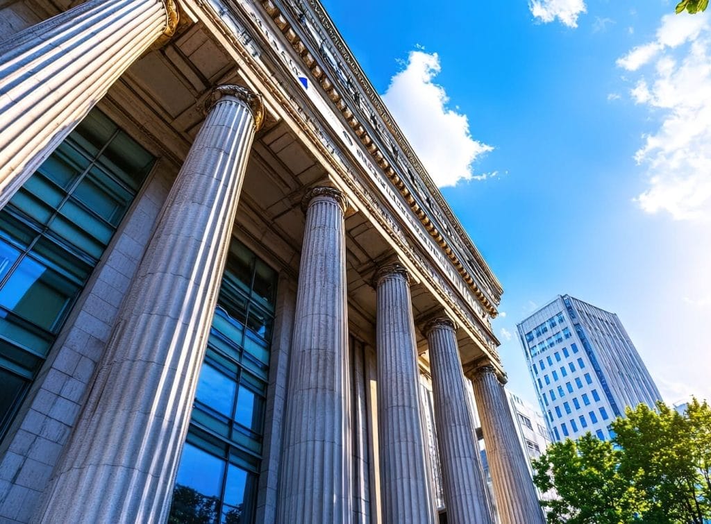 Financial institution building representing secure card manufacturing clients such as banks and credit unions