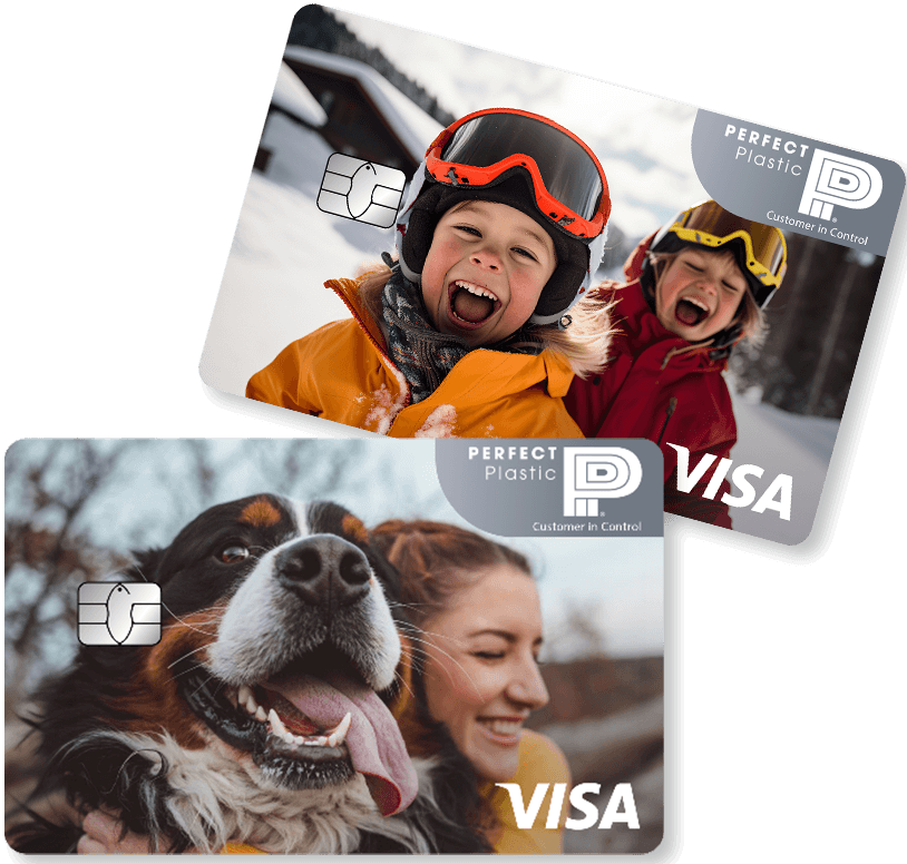 Two personalized credit cards with family photos of children laughing and a woman and her dog