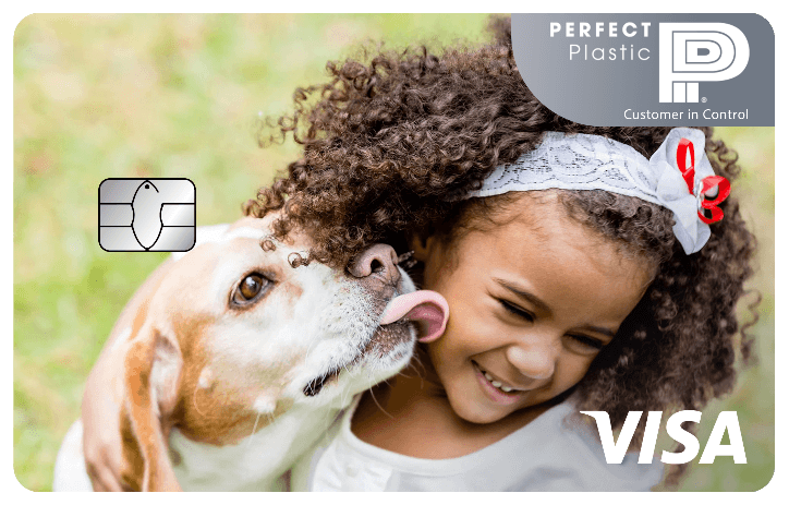 Personalized credit card with an image of a little girl and her dog made using Perfect Card Creators card personalization software