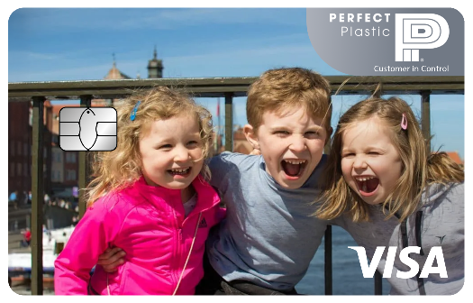 Personalized credit card with children laughing using Perfect Card Creators card personalization software